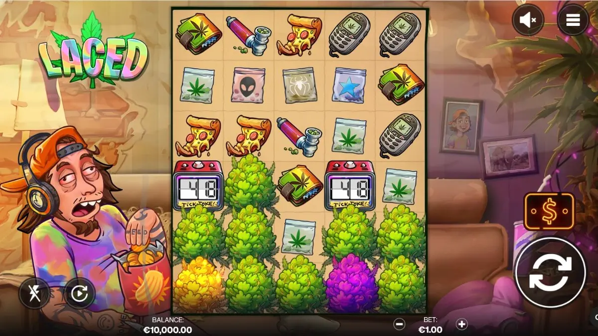 Tampilan visual slot Laced dengan suasana santai dan fitur Burning Buds